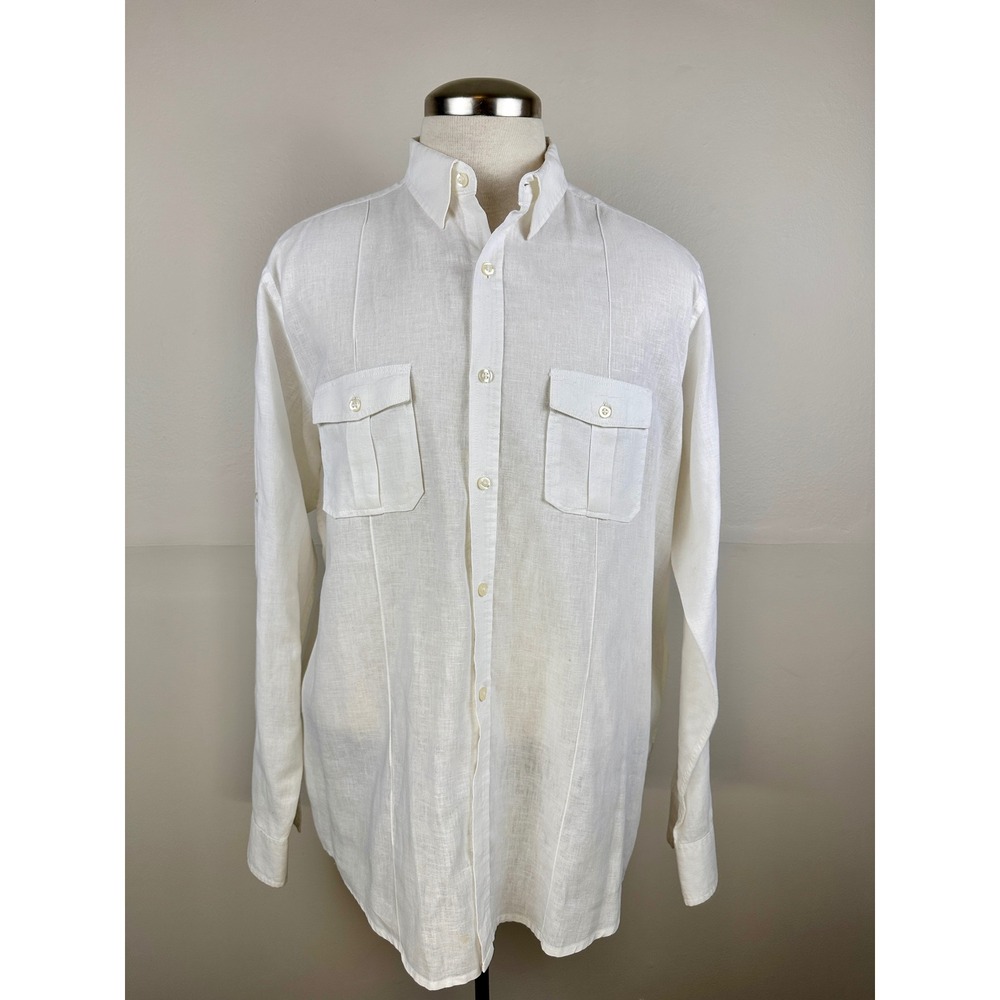 Tasso Elba Linen Button Up Mens XL White Pintuck Safari Guayabera Shirt